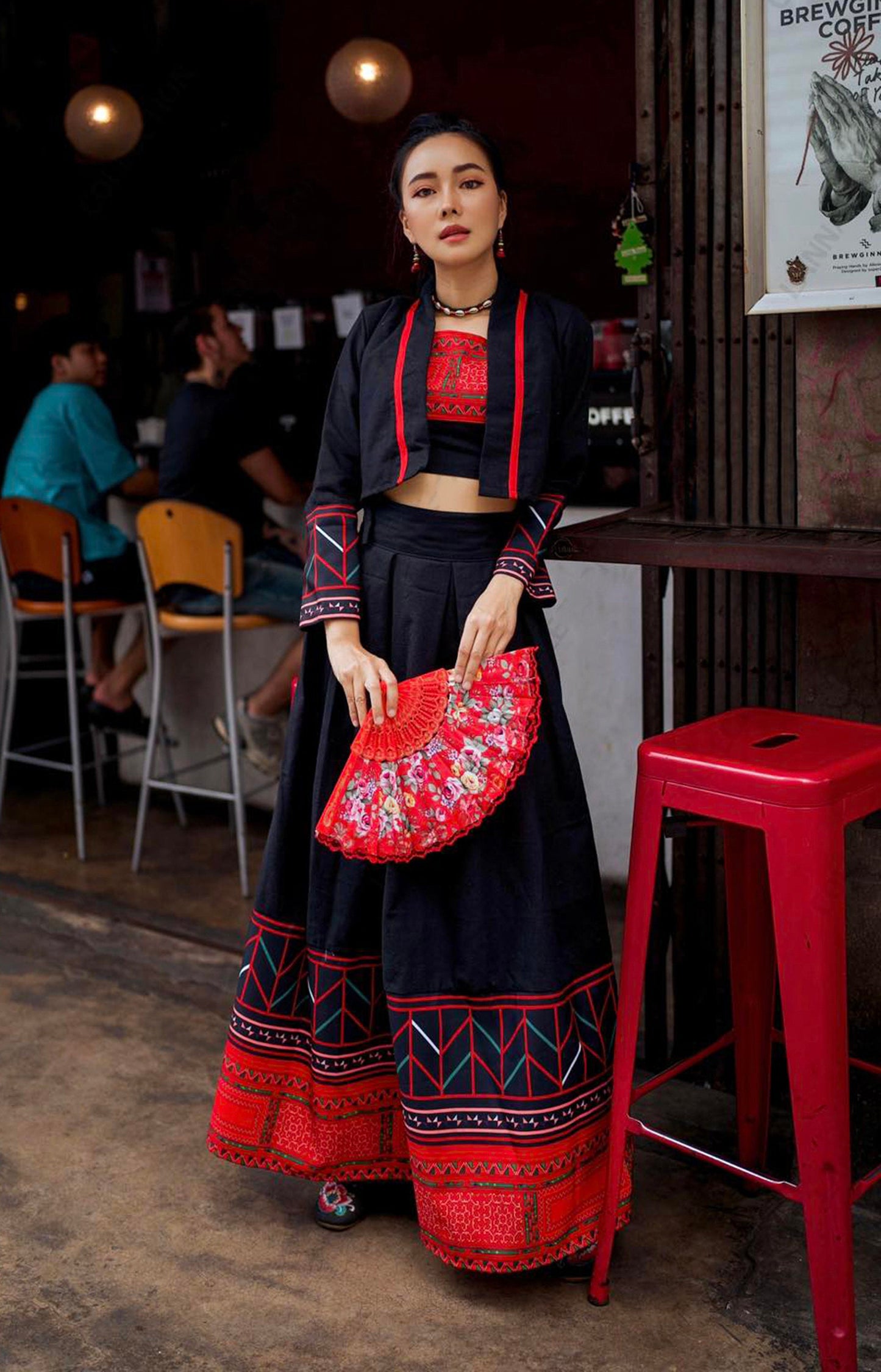 Set of Crop Blazer+Skirt, Cotton Frabric, Hmong Tibetan, Chinese Style, Lanna Style, Mix Modern and Traditional