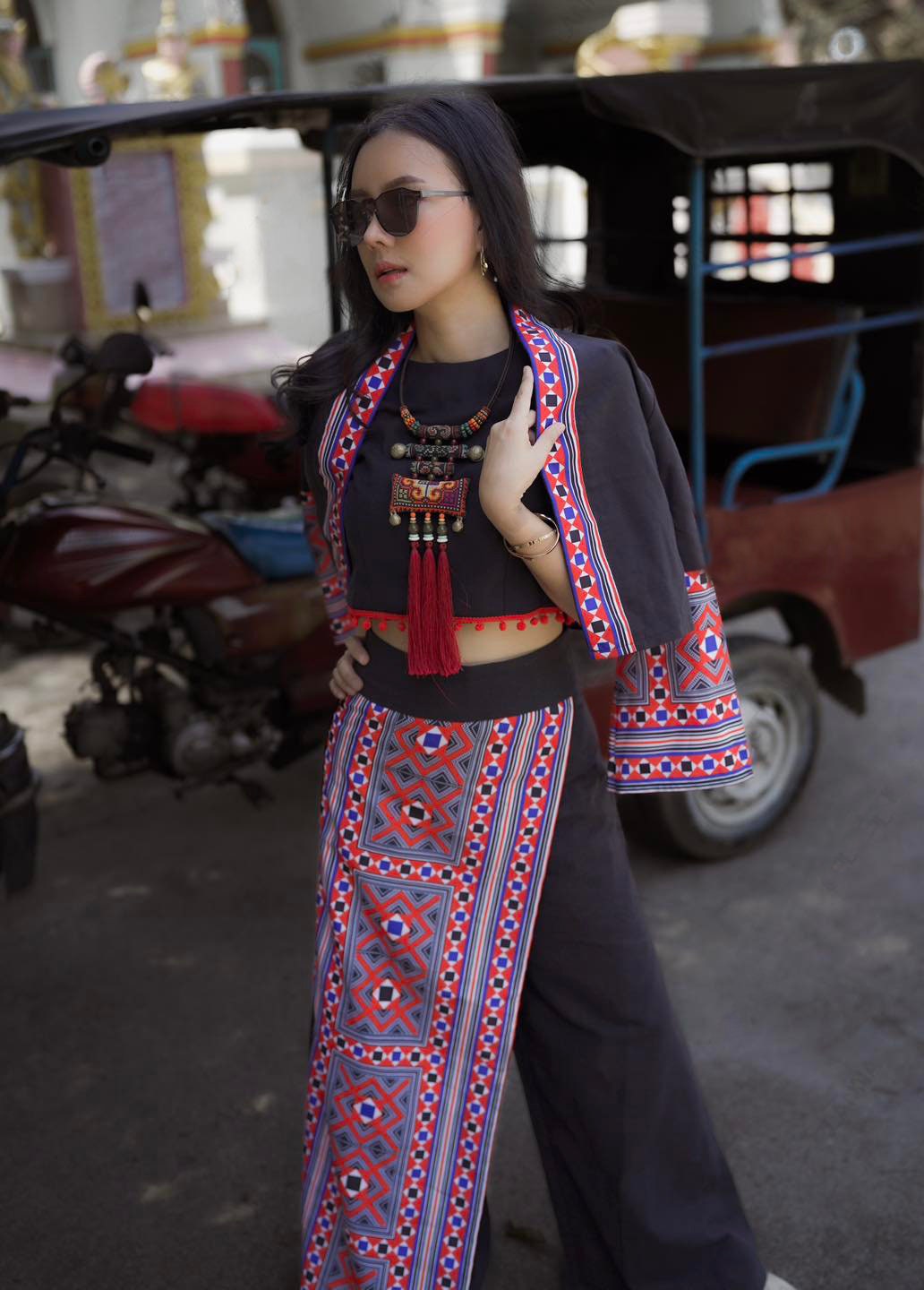 Set of Crop Blazer+Pants, Cotton Frabric, Lanna Style, Mix Modern and Traditional, Thai Pants