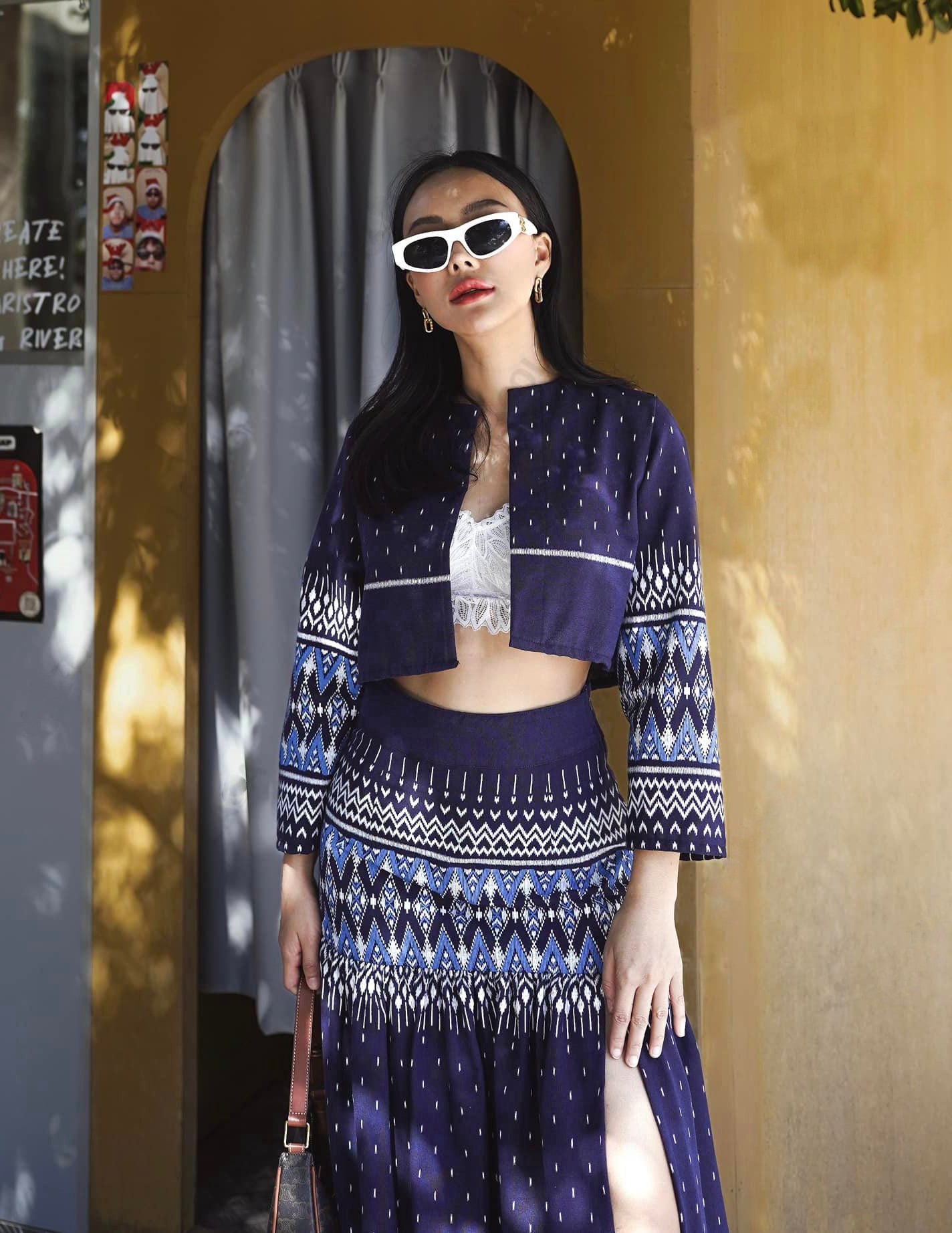 Set of Crop Blazer+Skirt, Cotton Frabric, Lanna Style, Mix Modern and Traditional, Thai Fashion