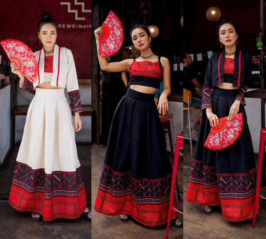 Set of Crop Blazer+Skirt, Cotton Frabric, Hmong Tibetan, Chinese Style, Lanna Style, Mix Modern and Traditional